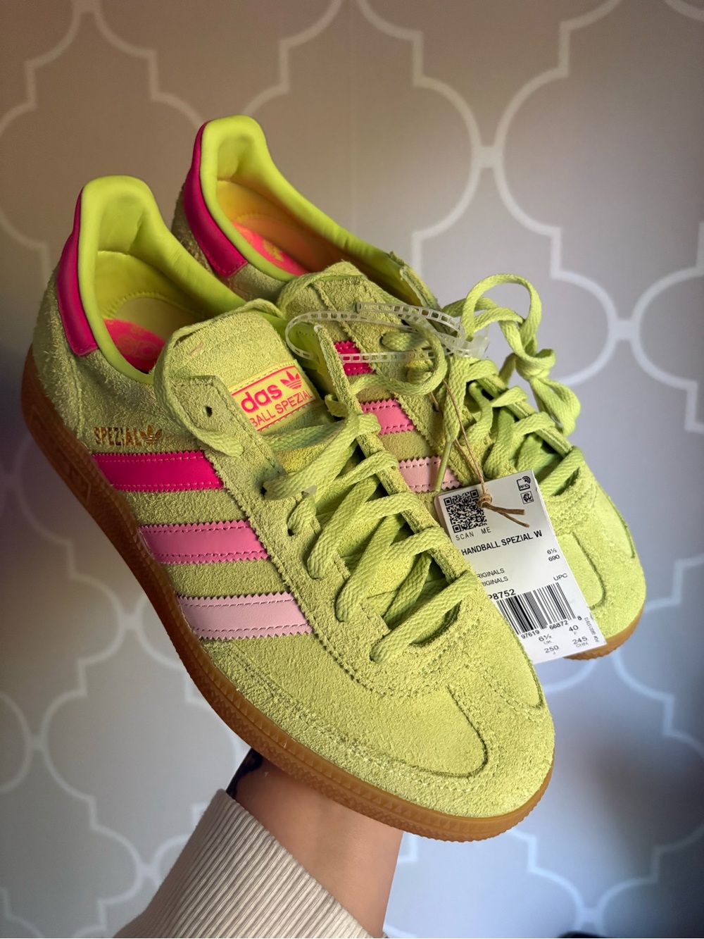 adidas Handball Spezial Women's Sneakers in Neon Yellow with Pink Stripes
